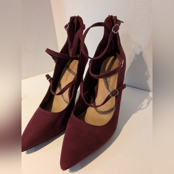 Burgundy Faux Suede 3 Strap Stilleto Heels Sz.10W Christian Siriano‎ - Picture 11 of 15